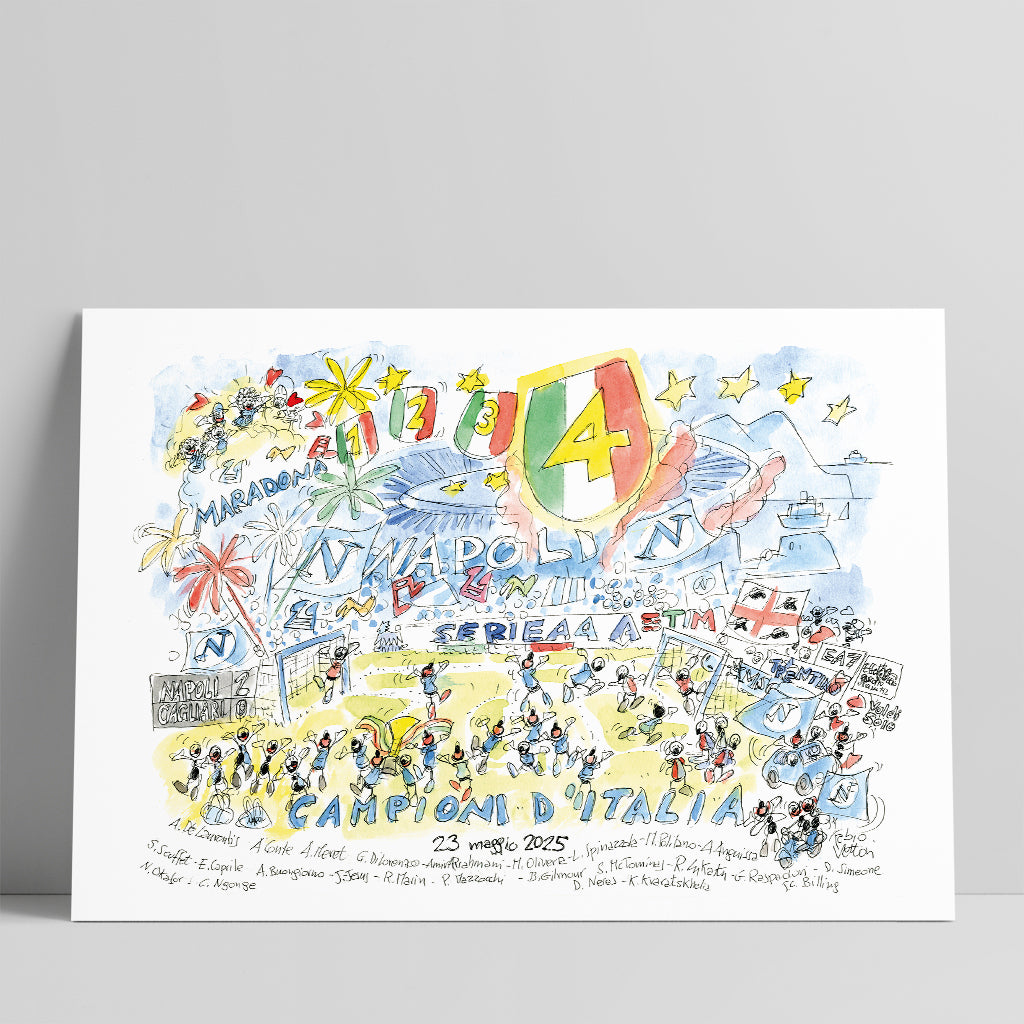 Stampa serie limitata con firma originale "Napoli campione d'Italia 2025" formato 24x33 cm
