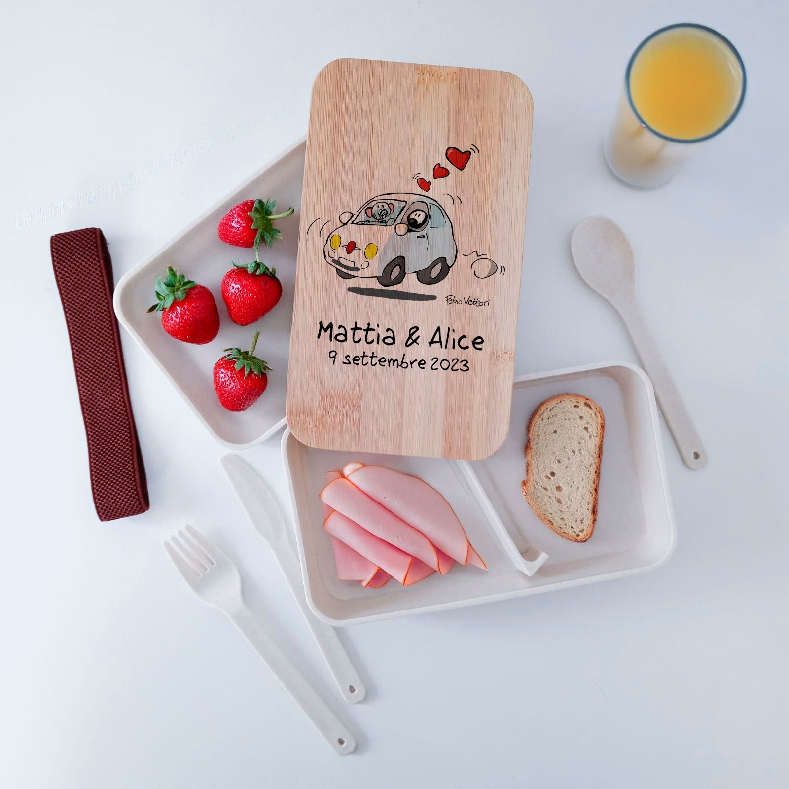 Scatola Porta Pranzo con coperchio in bambù e Posate Personalizzata soggetto "500"