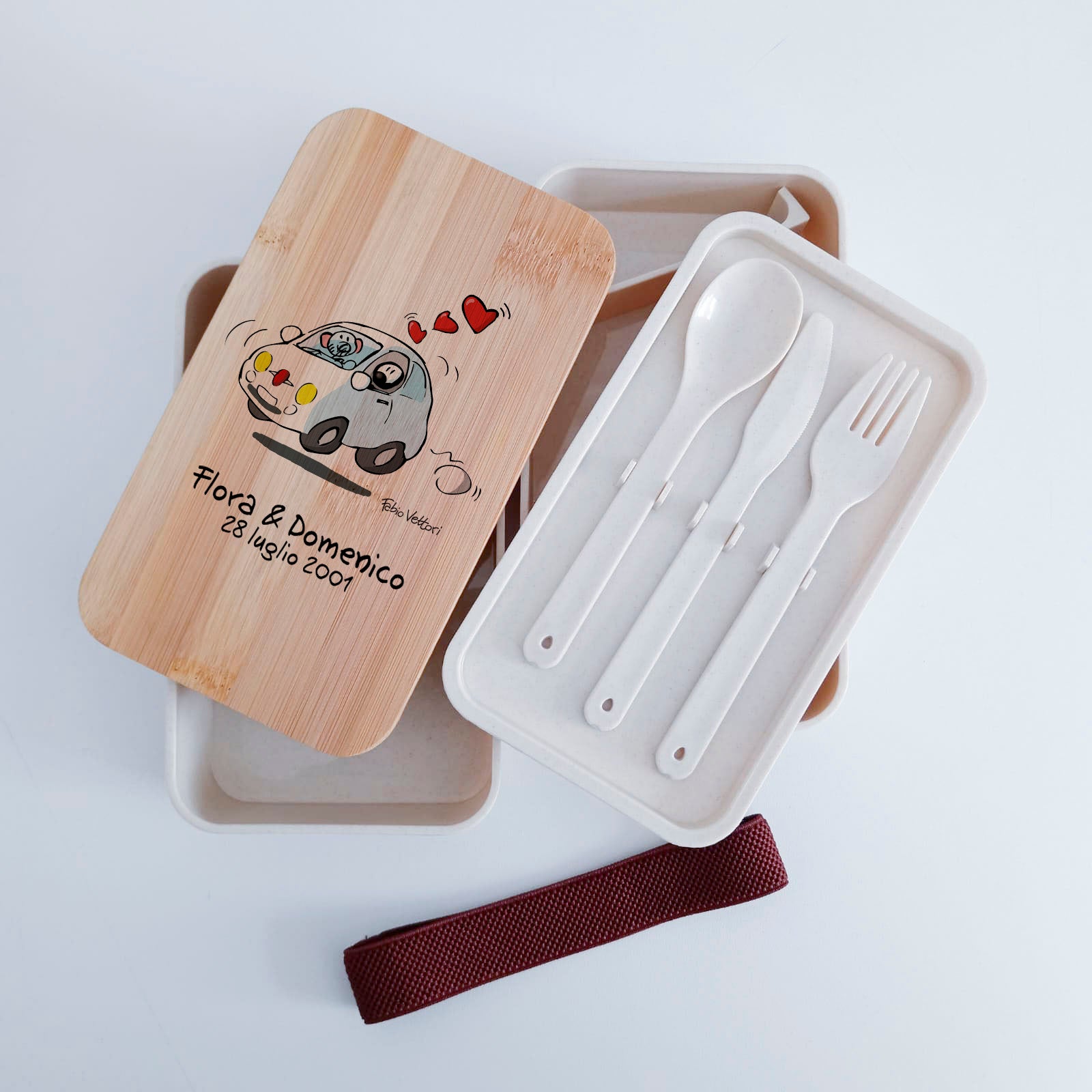 Scatola Porta Pranzo con coperchio in bambù e Posate Personalizzata soggetto "500"