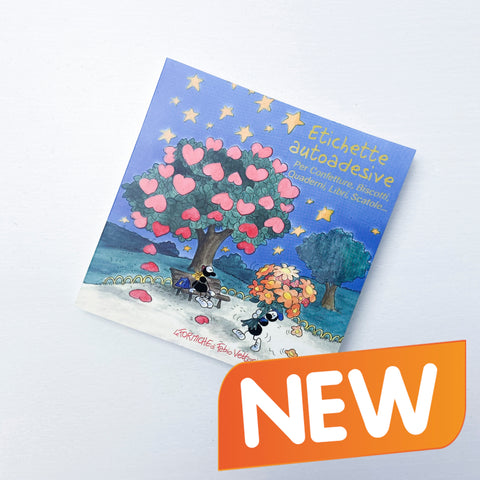 Etichette autoadesive per confetture, biscotti, quaderni, libri, scatole, ecc... Soggetto "Albero innamorati" (FV39-03)