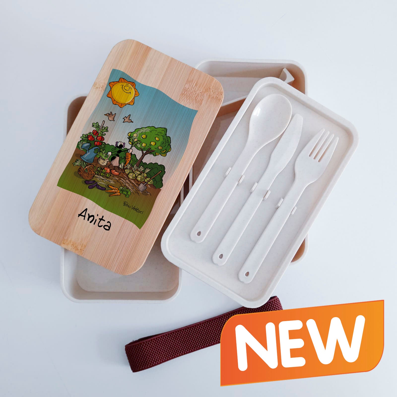Scatola Porta Pranzo con coperchio in bambù e Posate Personalizzata soggetto "Agricoltore"