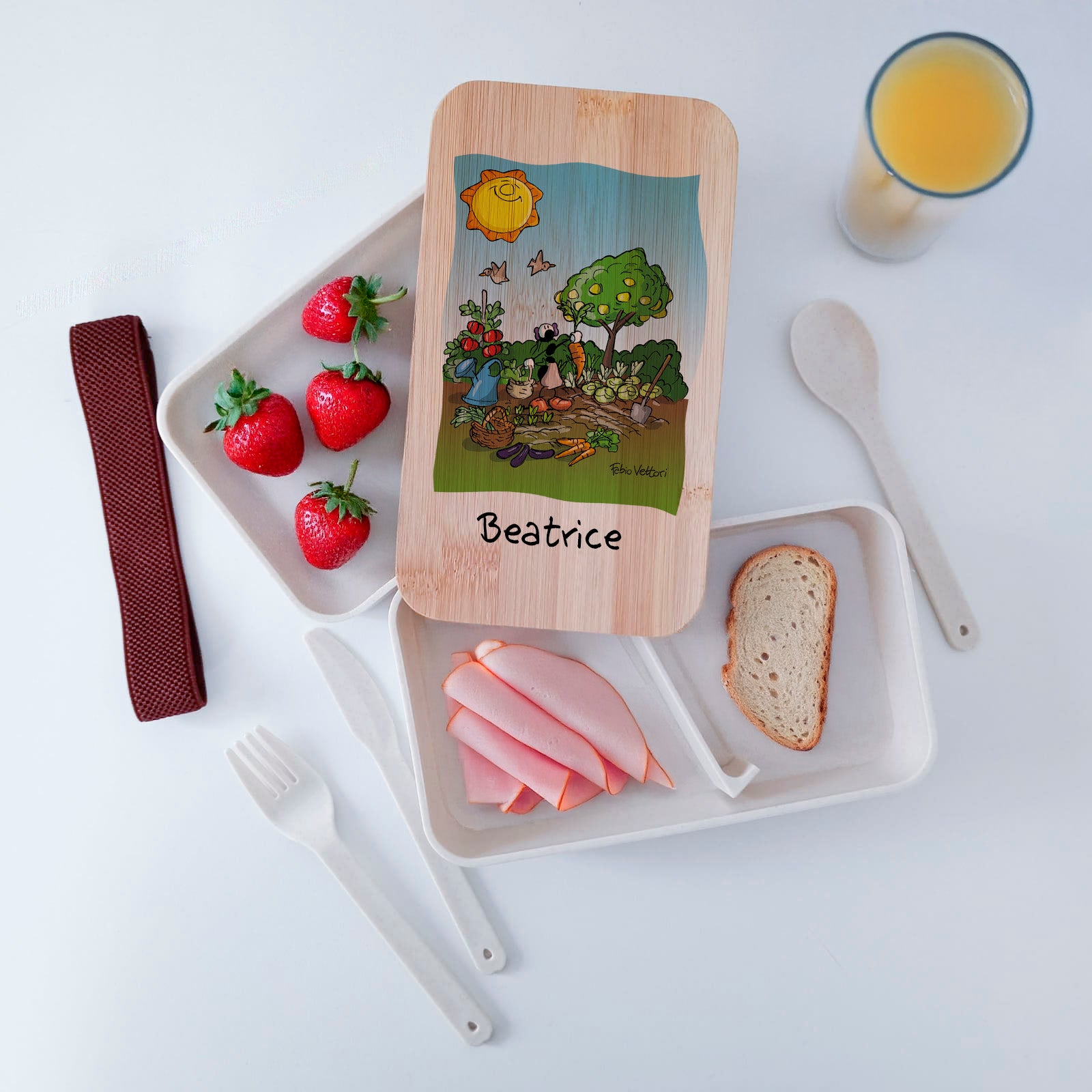 Scatola Porta Pranzo con coperchio in bambù e Posate Personalizzata soggetto "Agricoltore"