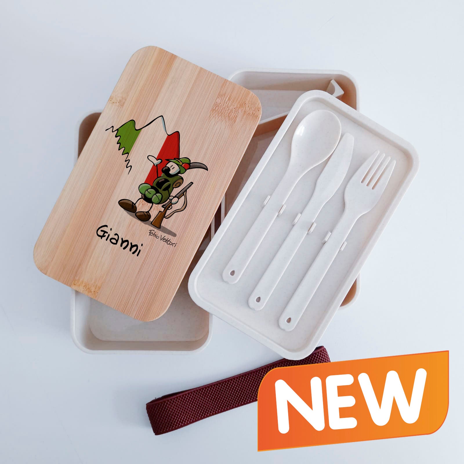 Scatola Porta Pranzo con coperchio in bambù e Posate Personalizzata soggetto "Alpino"