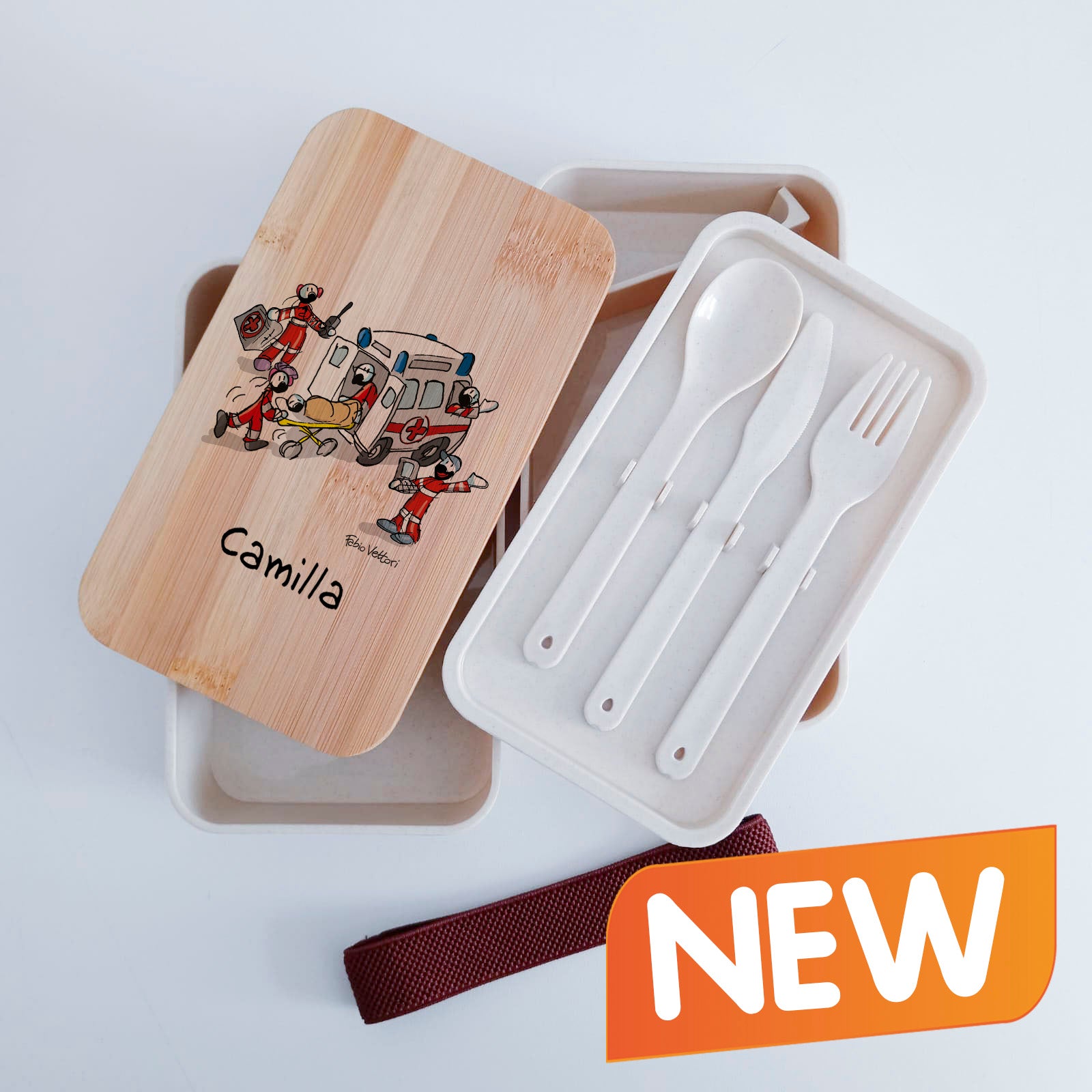 Scatola Porta Pranzo con coperchio in bambù e Posate Personalizzata soggetto "Ambulanza"