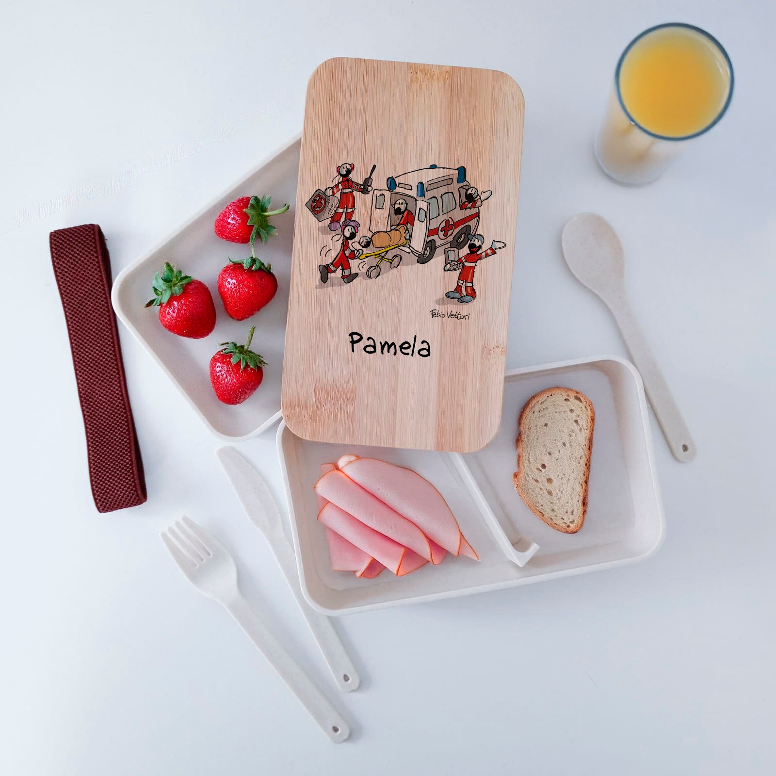 Lunch Box with Cutlery Holder Band Personalized "Ambulance" Theme