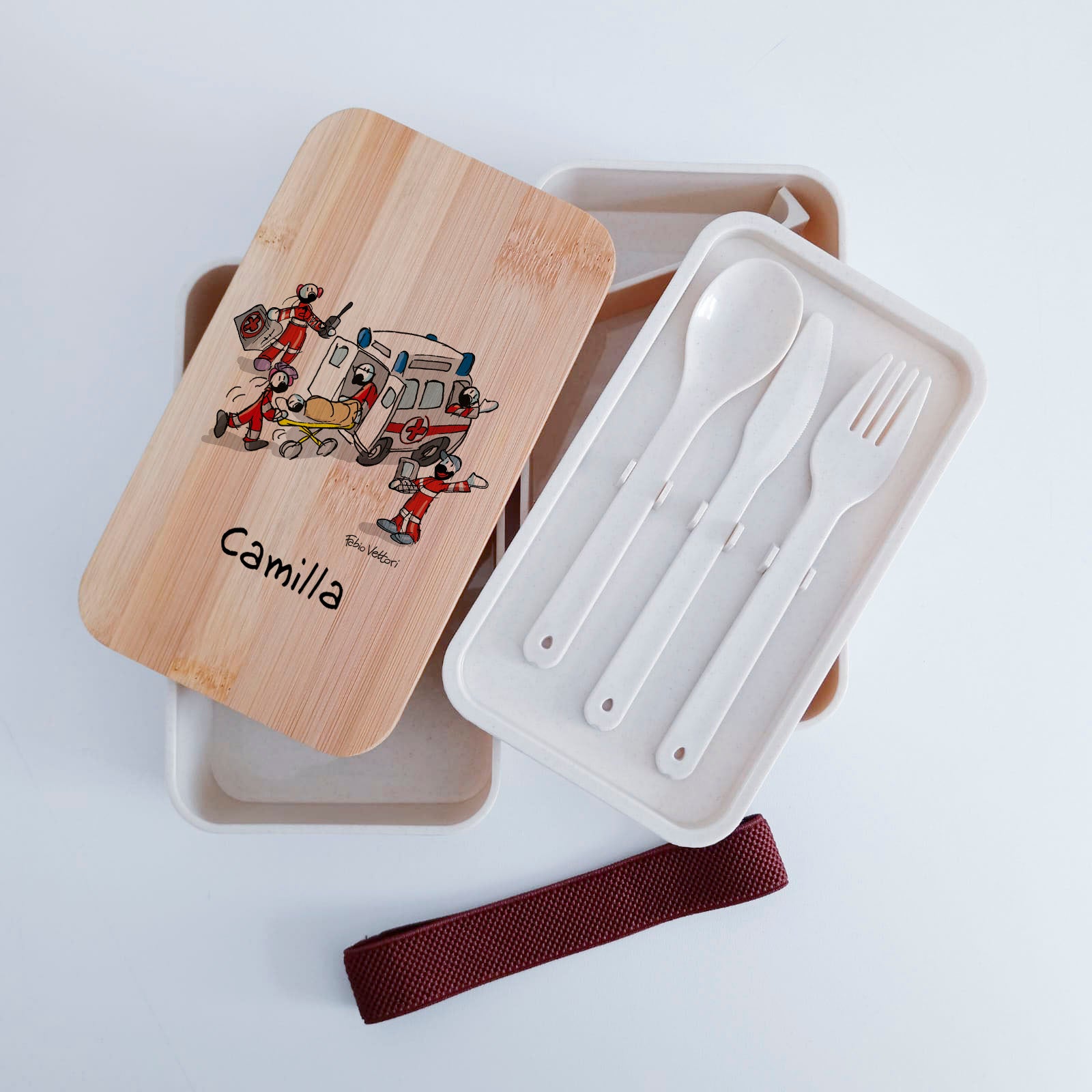 Lunch Box with Cutlery Holder Band Personalized "Ambulance" Theme