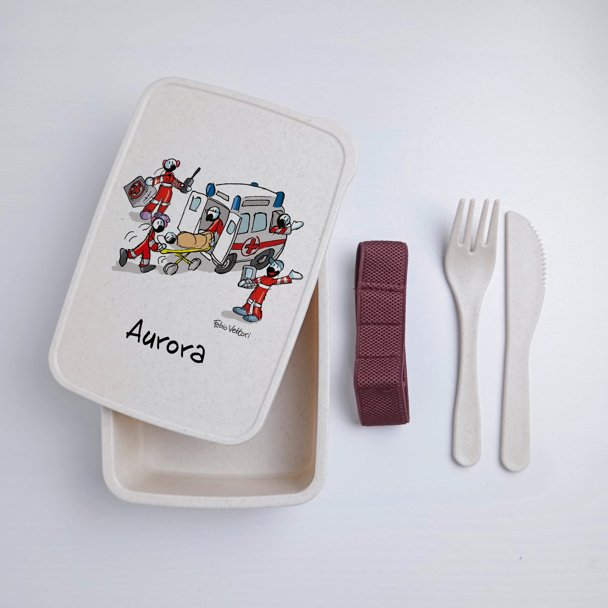 Scatola Porta Pranzo con Fascia Porta Posate Personalizzata soggetto "Ambulanza"