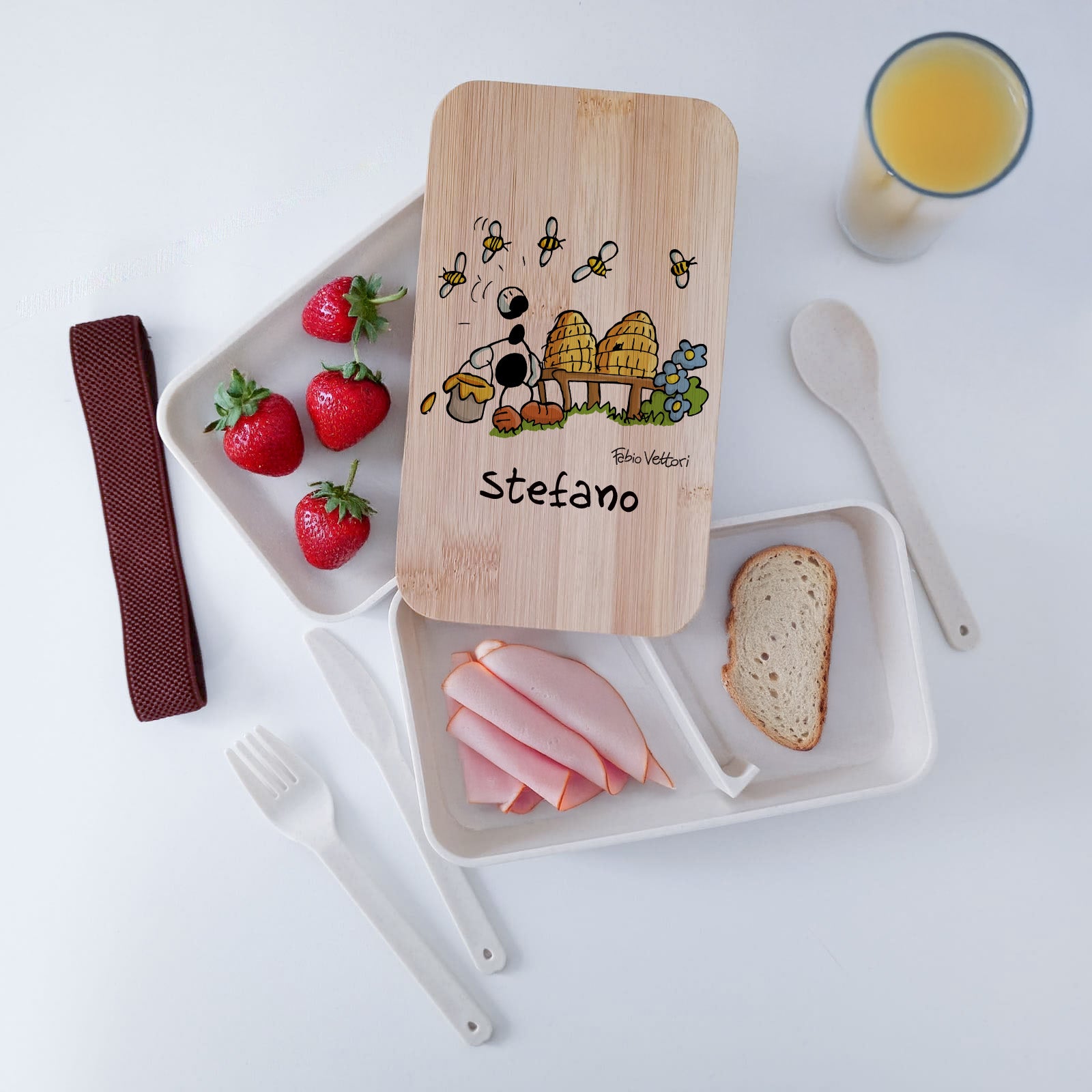 Lunch Box with Cutlery Holder Band Personalized "Museum Guide" Subject