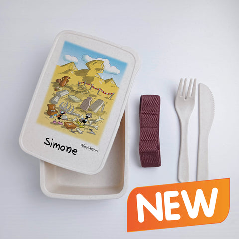 Scatola Porta Pranzo con Fascia Porta Posate Personalizzata soggetto "Archeologi"