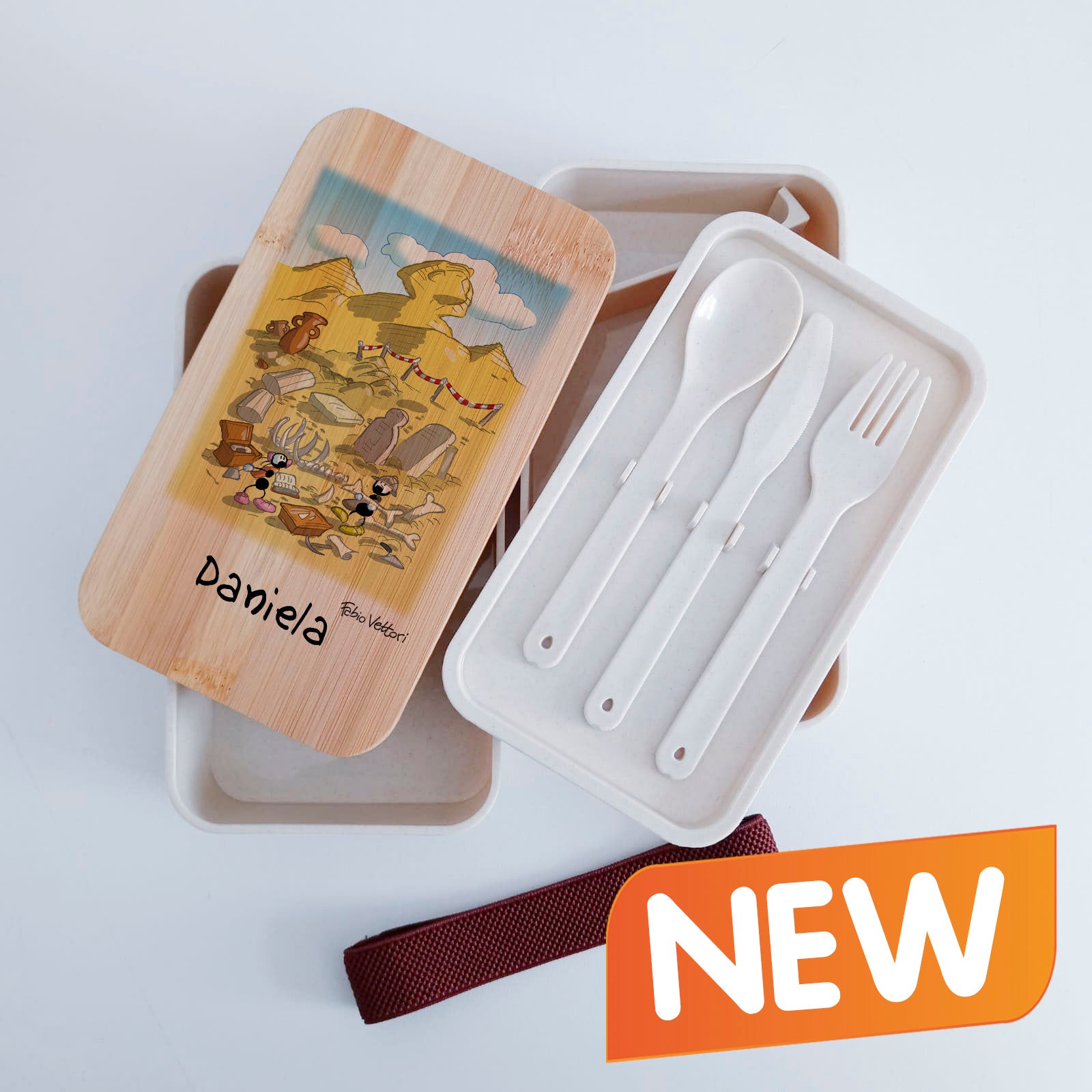 Scatola Porta Pranzo con coperchio in bambù e Posate Personalizzata soggetto "Archeologi"