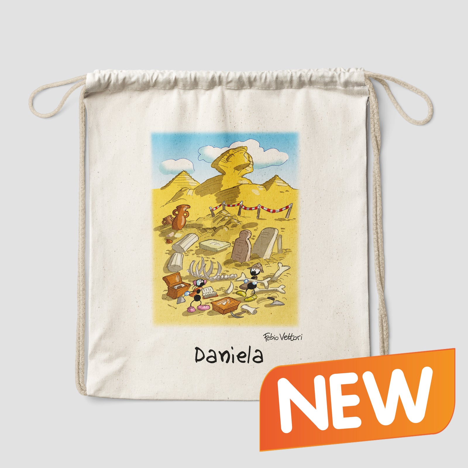 Sacca zaino personalizzata in cotone soggetto "Archeologi"