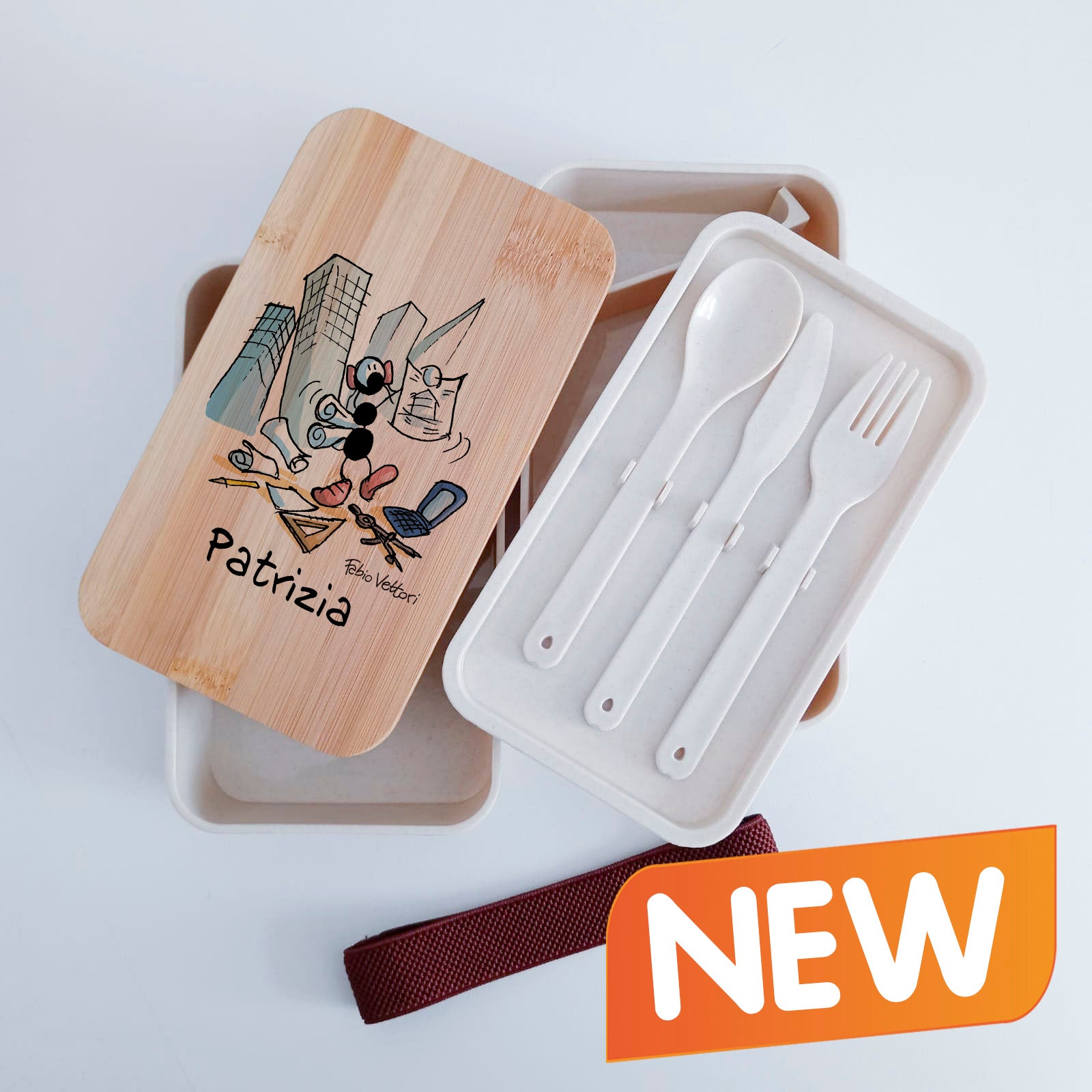 Scatola Porta Pranzo con coperchio in bambù e Posate Personalizzata soggetto "Architetti"