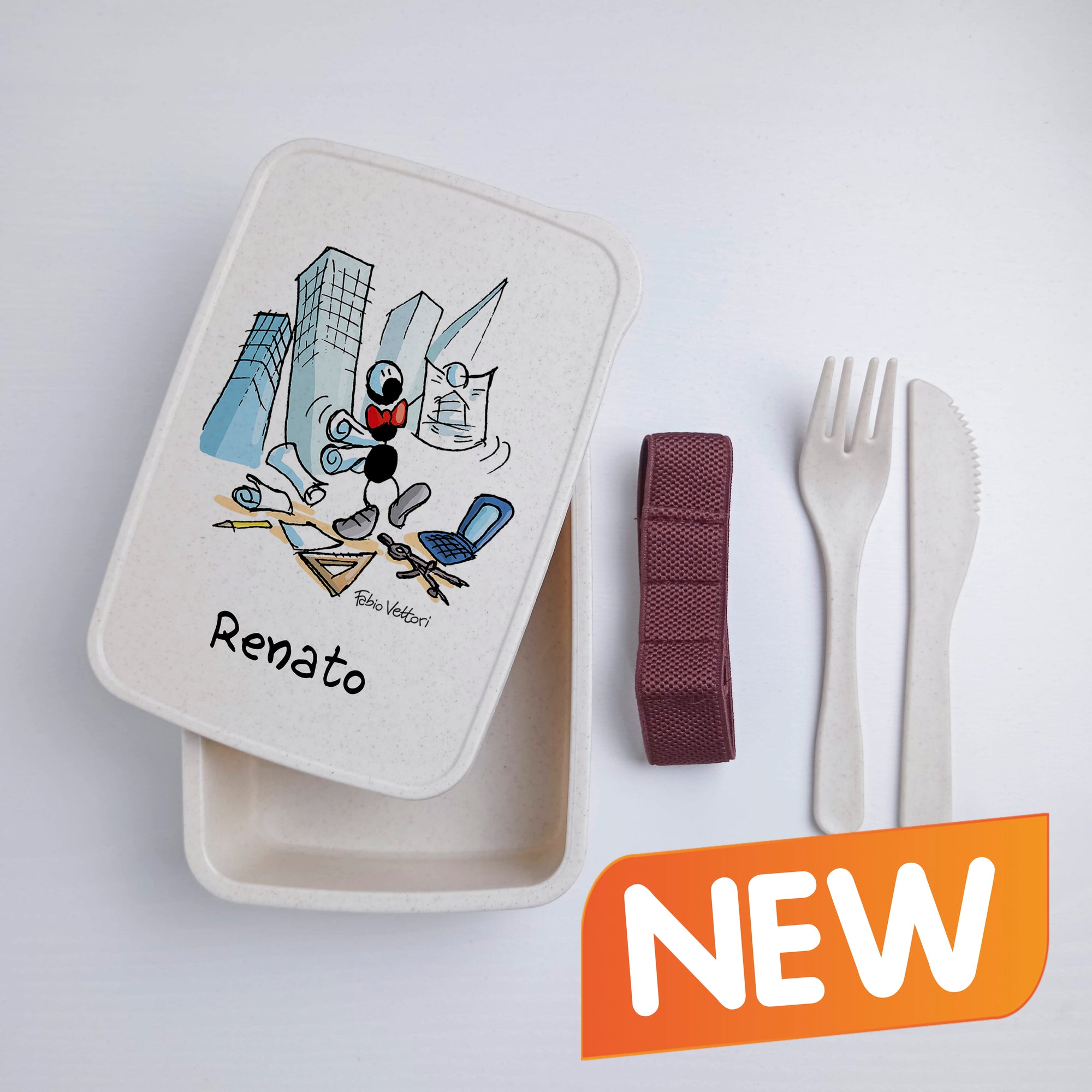 Scatola Porta Pranzo con Fascia Porta Posate Personalizzata soggetto "Architetti"
