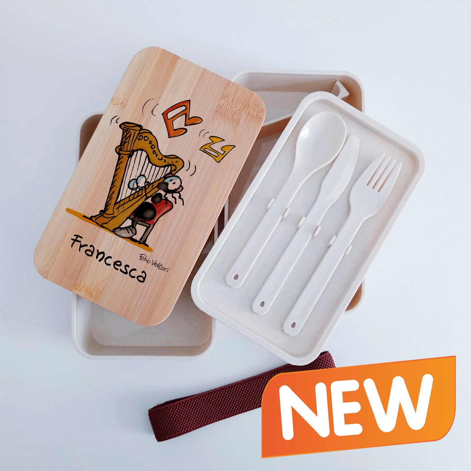 Scatola Porta Pranzo con coperchio in bambù e Posate Personalizzata soggetto "Arpa"