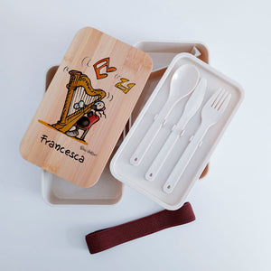 Scatola Porta Pranzo con coperchio in bambù e Posate Personalizzata soggetto "Arpa"