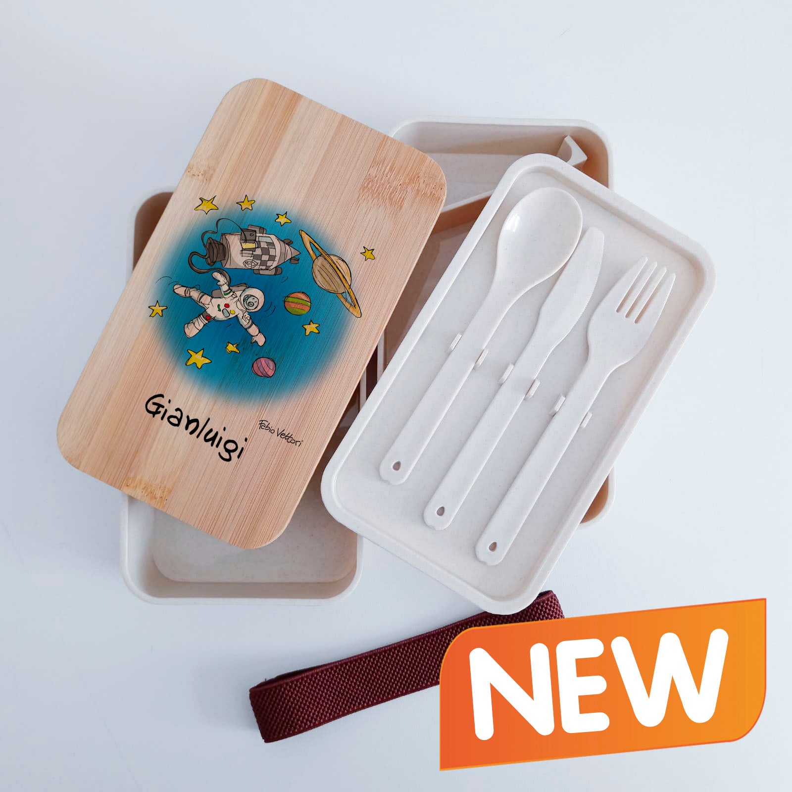 Scatola Porta Pranzo con coperchio in bambù e Posate Personalizzata soggetto "Astronauta"