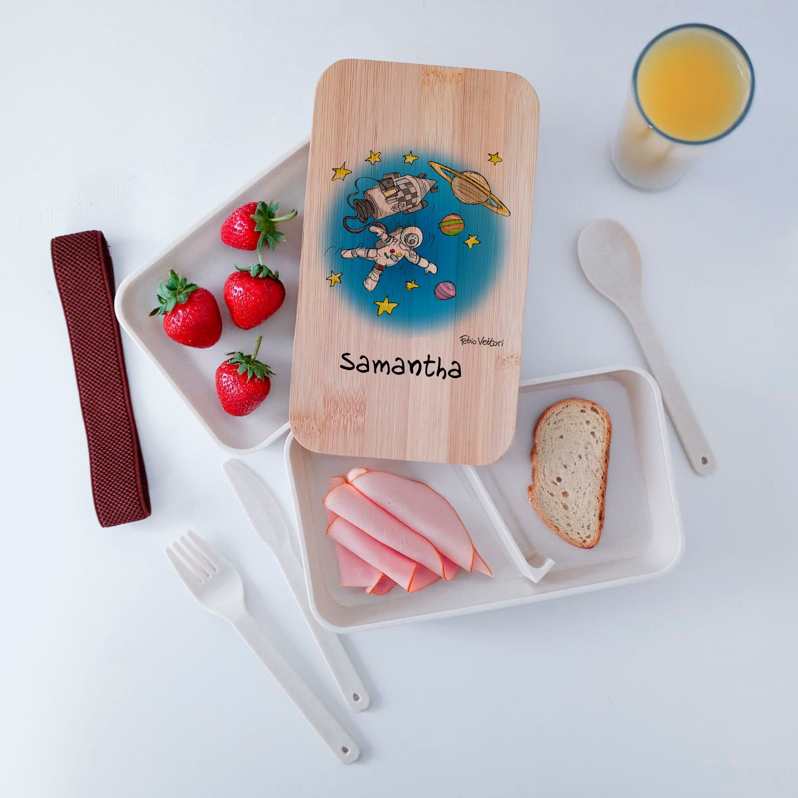 Lunch Box with Cutlery Holder Band Personalized "Astronaut" Theme
