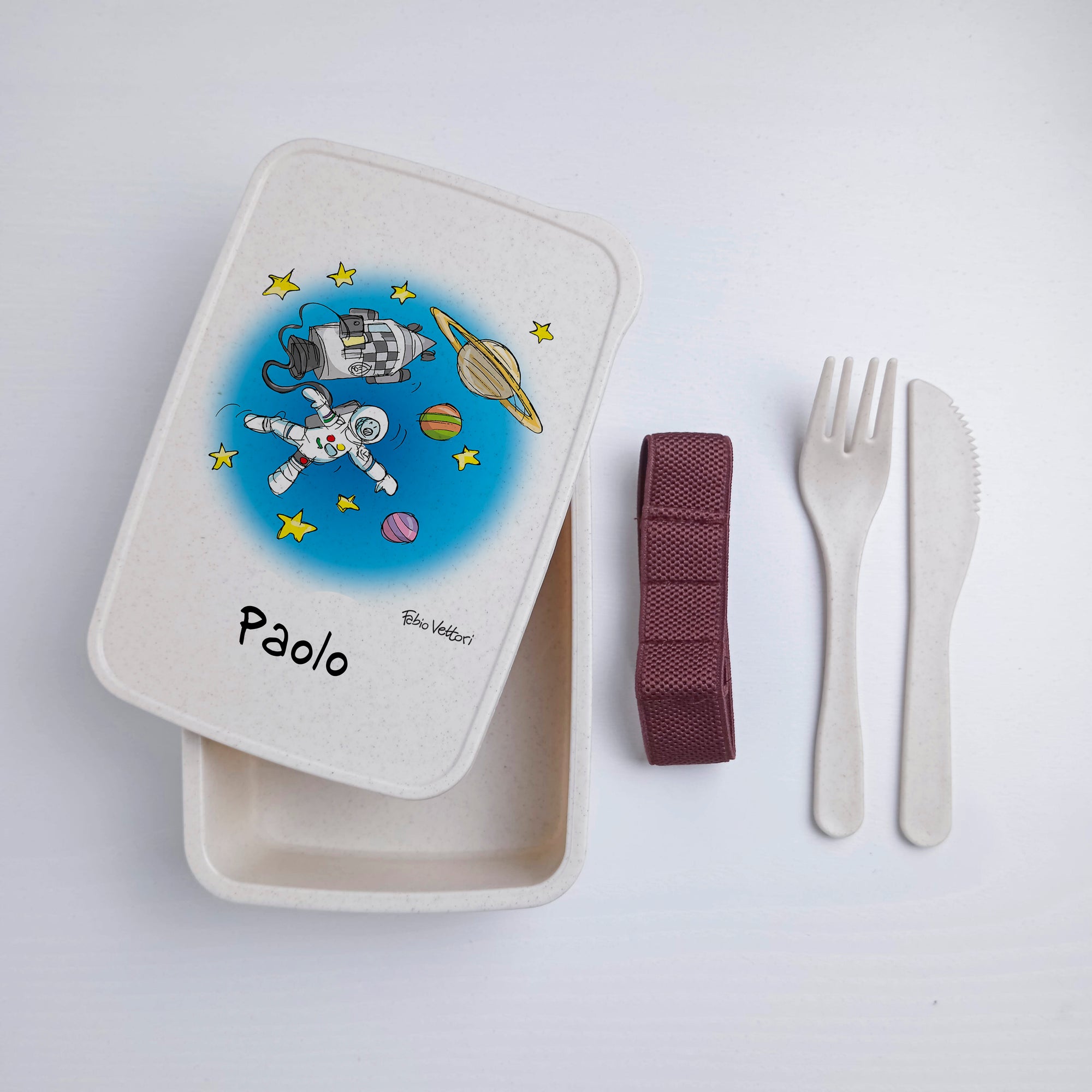 Scatola Porta Pranzo con Fascia Porta Posate Personalizzata soggetto "Astronauta"