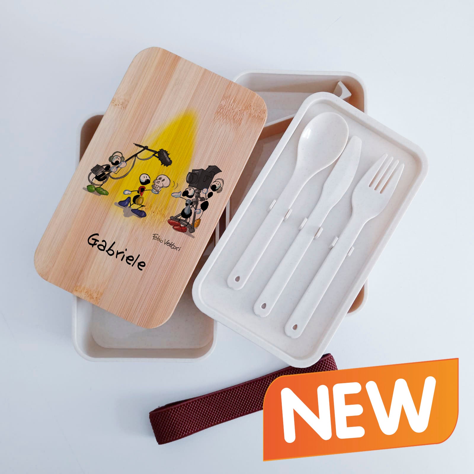 Scatola Porta Pranzo con coperchio in bambù e Posate Personalizzata soggetto "Attore"