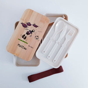 Scatola Porta Pranzo con coperchio in bambù e Posate Personalizzata soggetto "Barcellona"