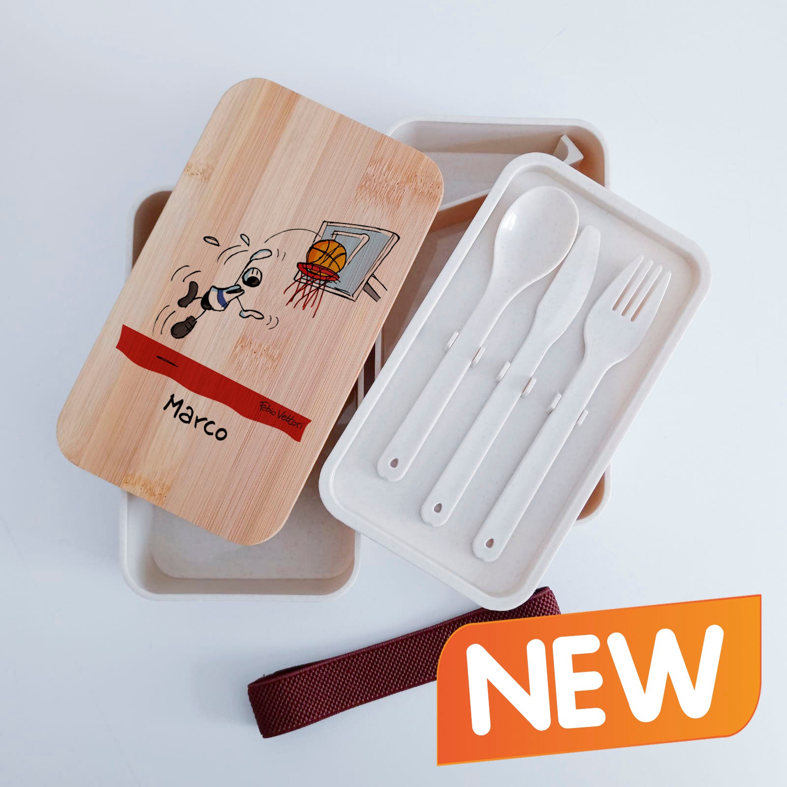 Scatola Porta Pranzo con coperchio in bambù e Posate Personalizzata soggetto "Basket"