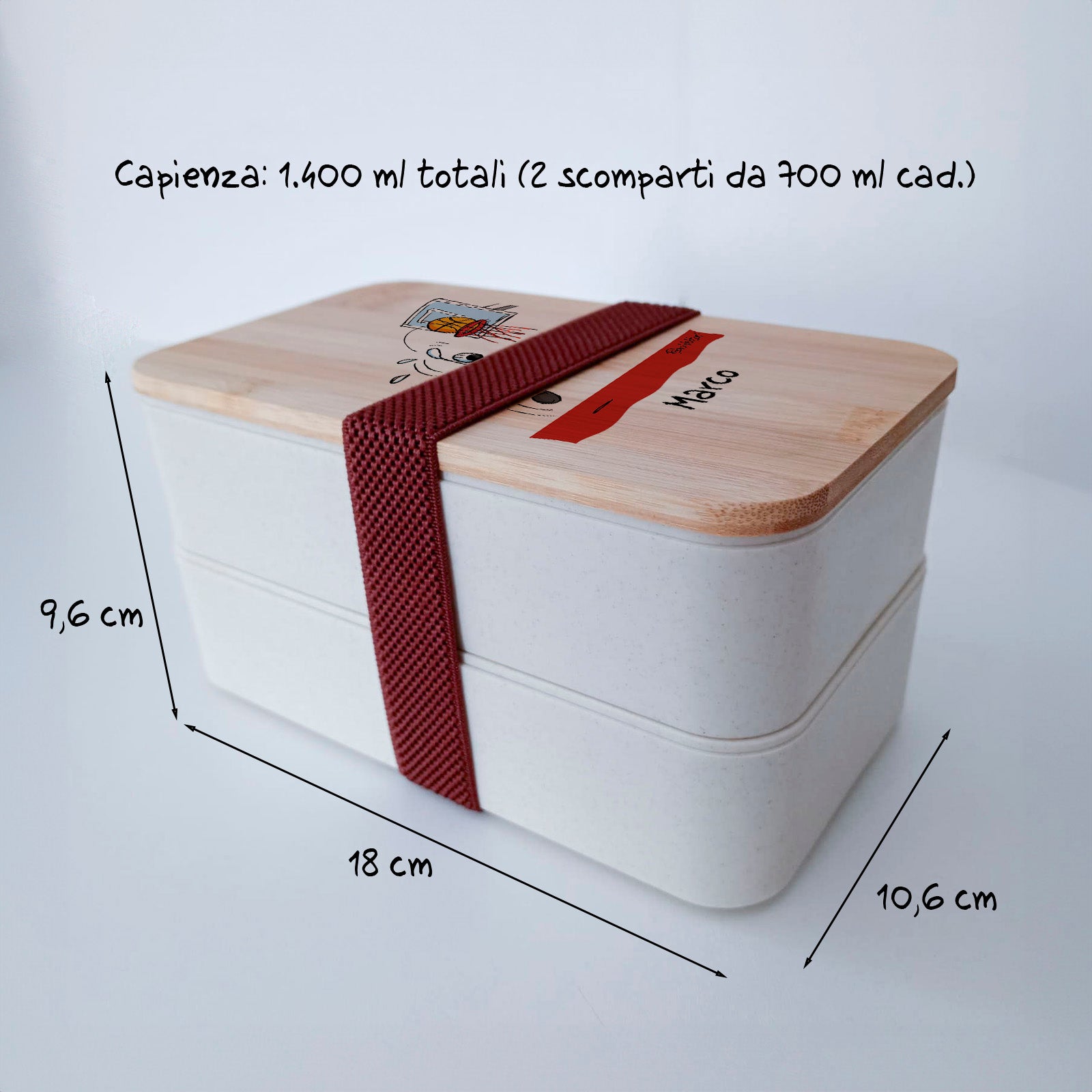 Scatola Porta Pranzo con coperchio in bambù e Posate Personalizzata soggetto "Basket"