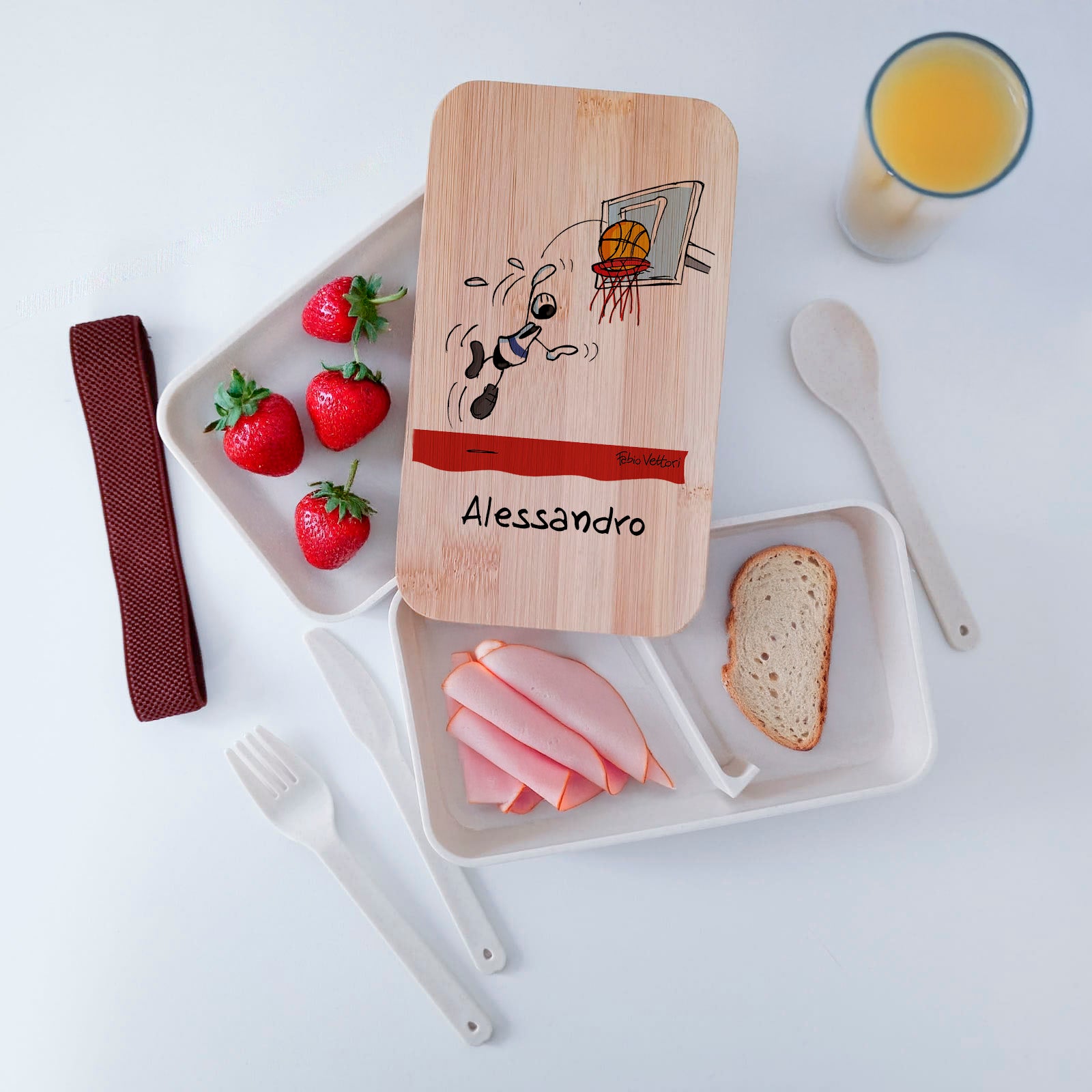 Scatola Porta Pranzo con coperchio in bambù e Posate Personalizzata soggetto "Basket"