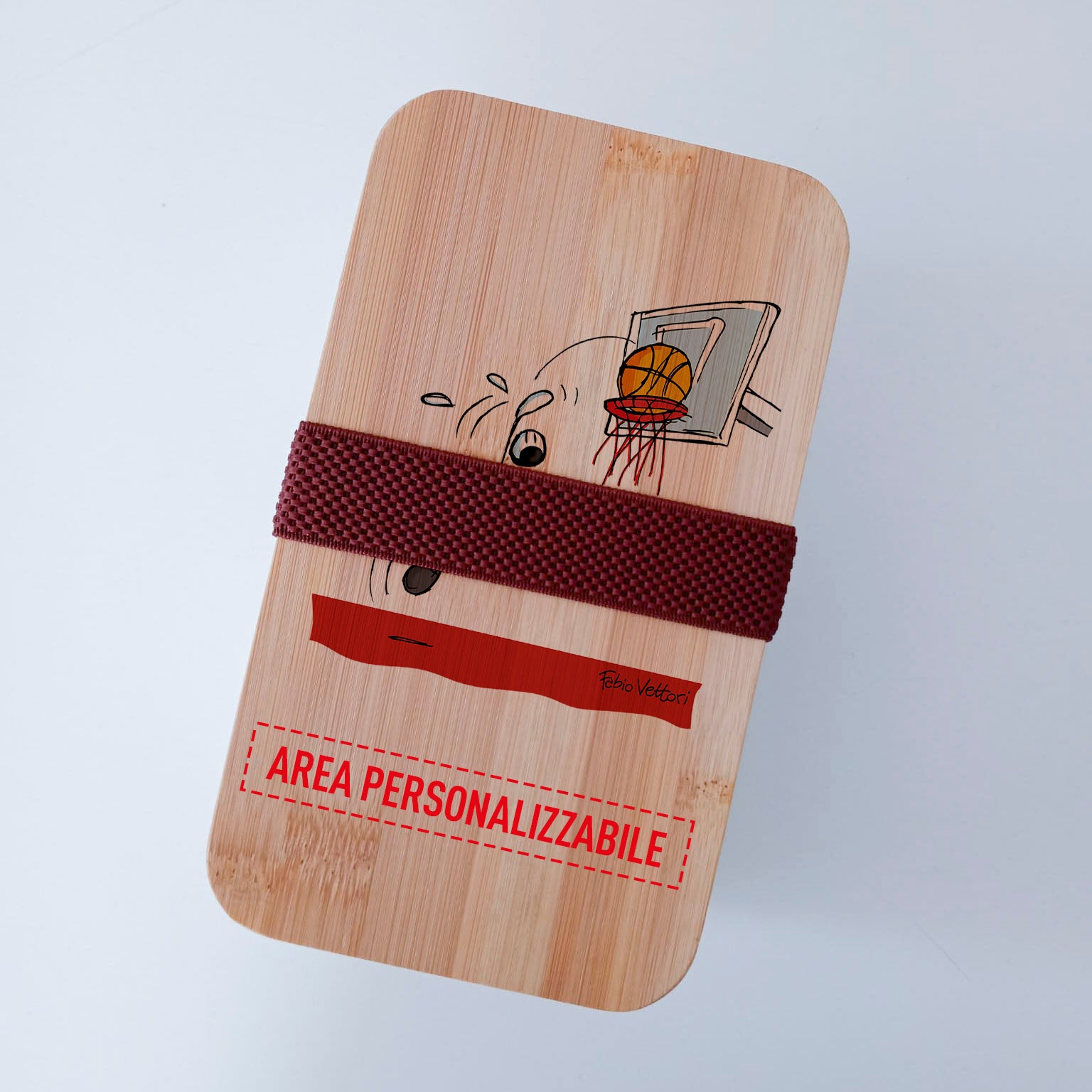 Scatola Porta Pranzo con coperchio in bambù e Posate Personalizzata soggetto "Basket"