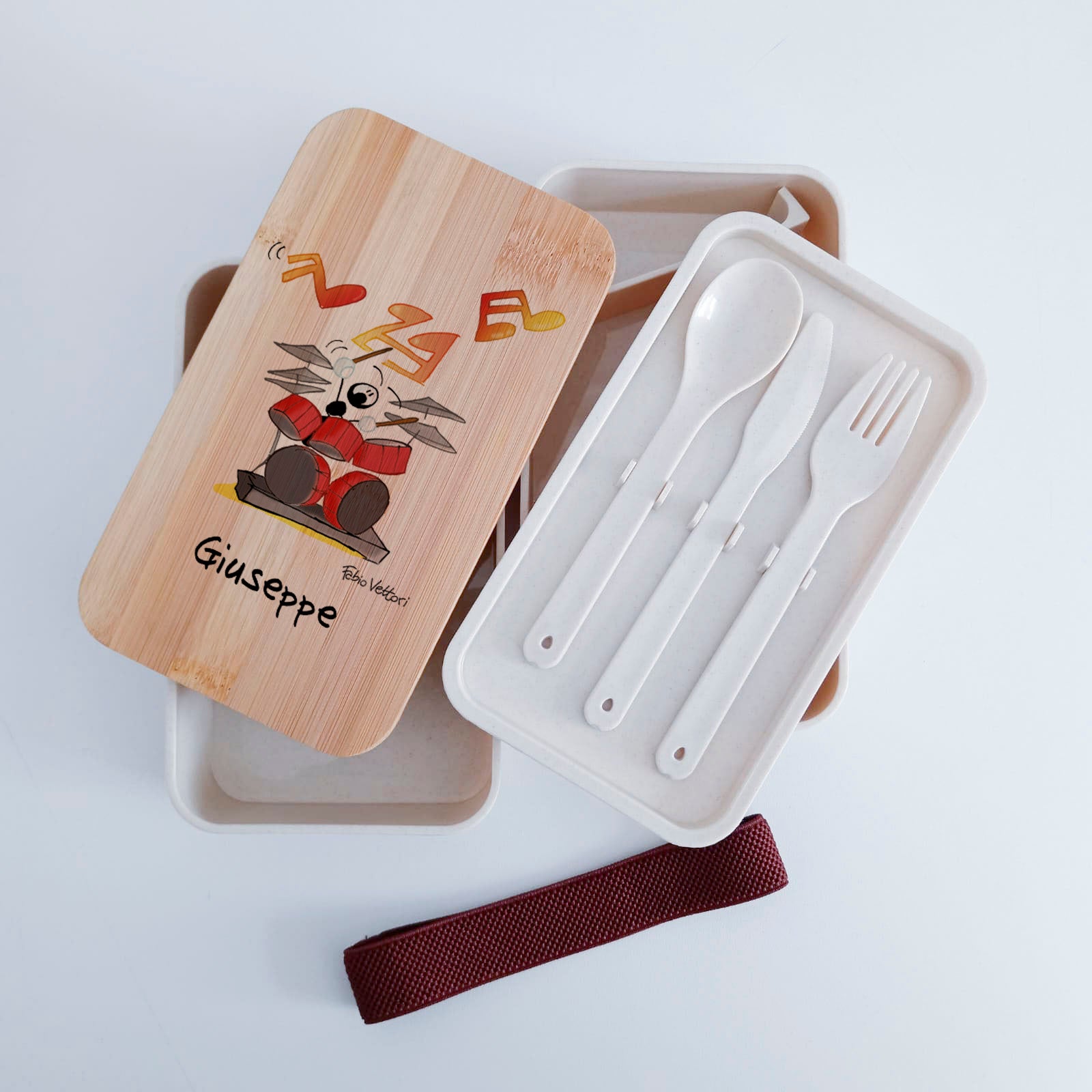 Scatola Porta Pranzo con coperchio in bambù e Posate Personalizzata soggetto "Batterista"