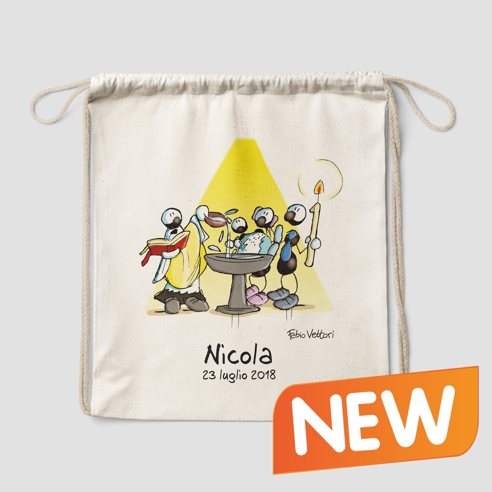 Sacca zaino personalizzata in cotone soggetto "Battesimo"