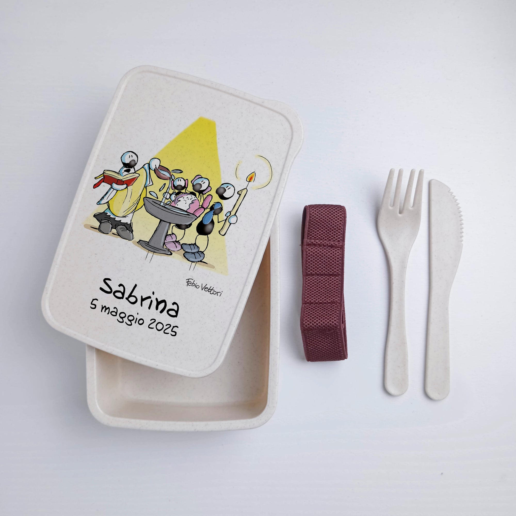 Scatola Porta Pranzo con Fascia Porta Posate Personalizzata soggetto "Battesimo"