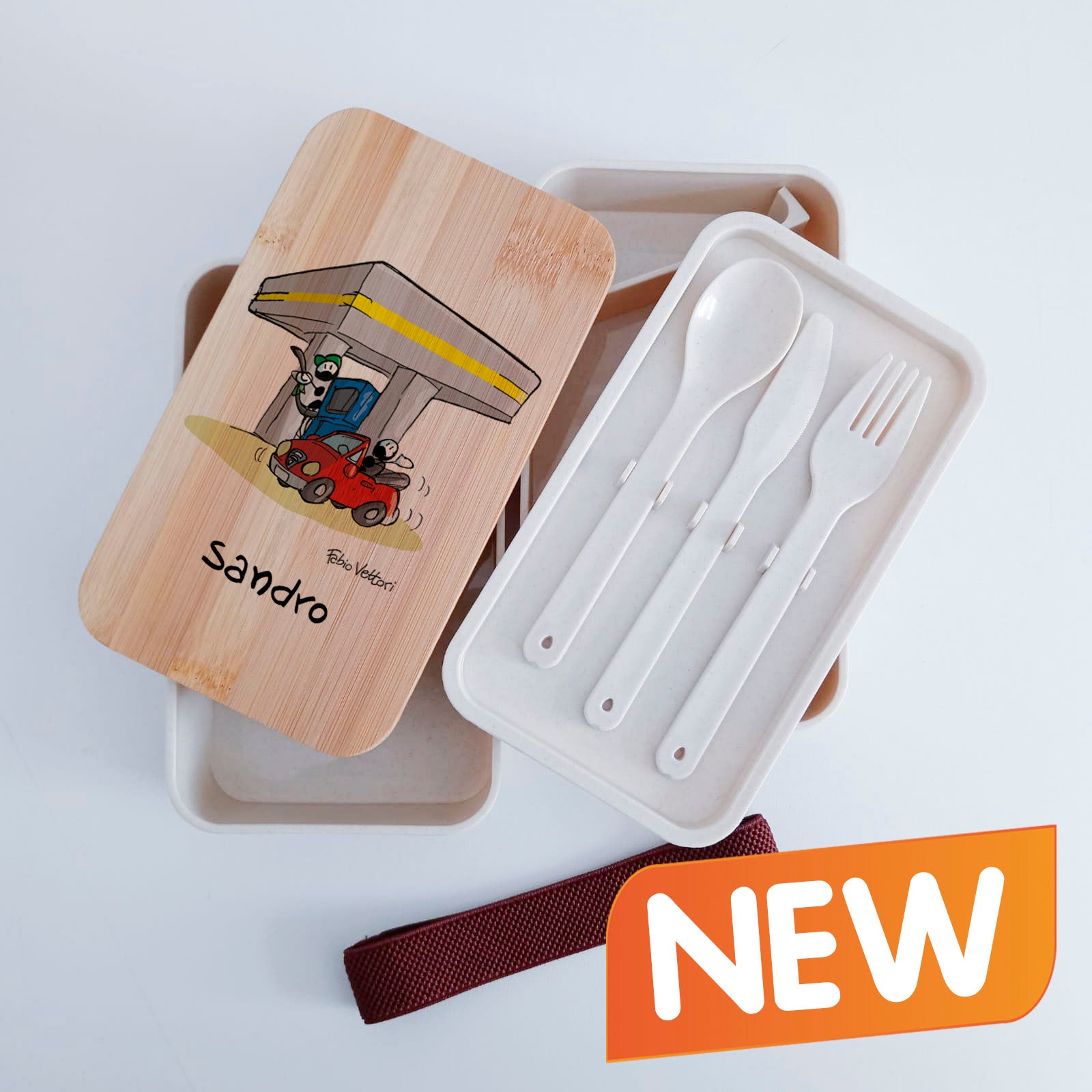Scatola Porta Pranzo con coperchio in bambù e Posate Personalizzata soggetto "Benzinai"
