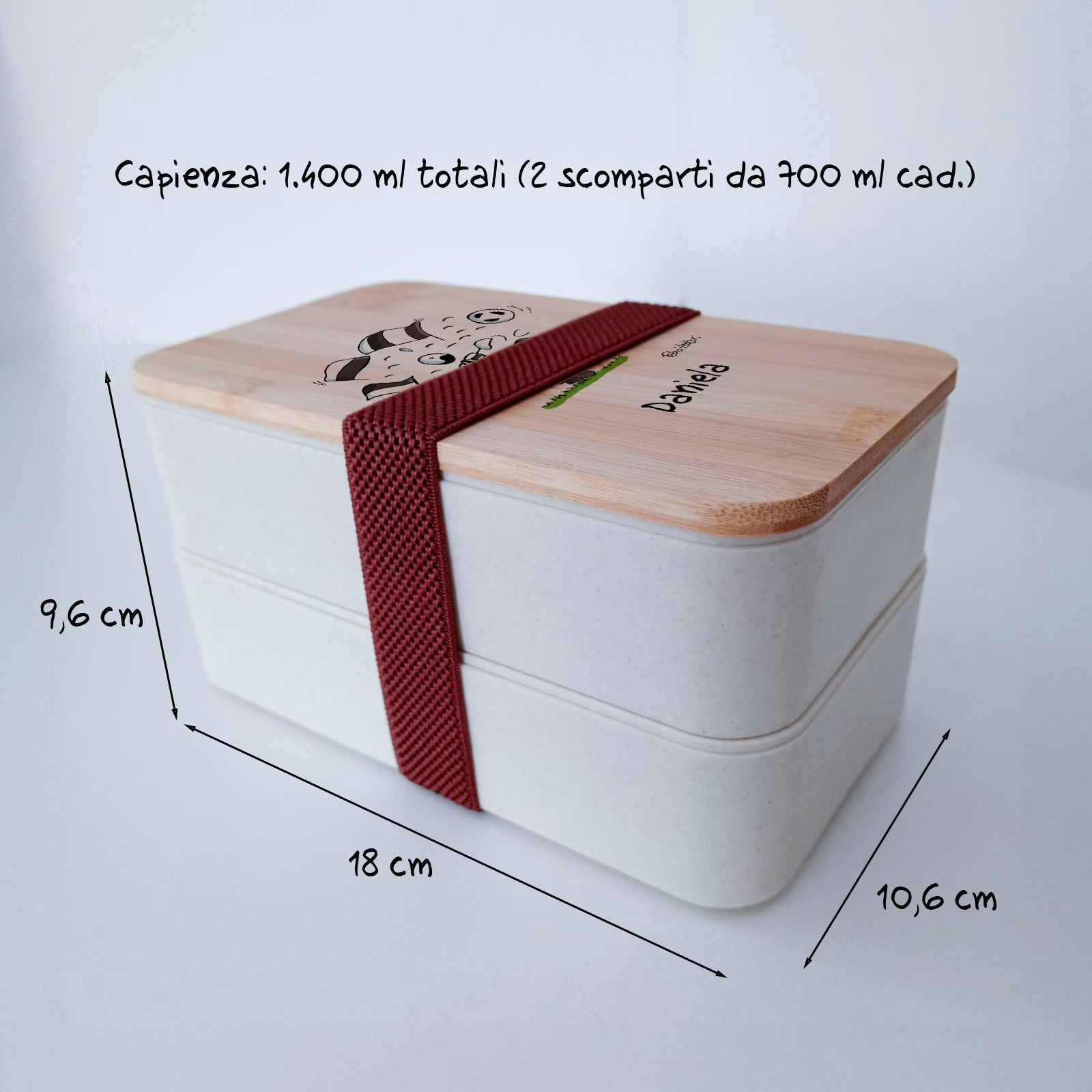 Scatola Porta Pranzo con coperchio in bambù e Posate Personalizzata soggetto "Bianconero"