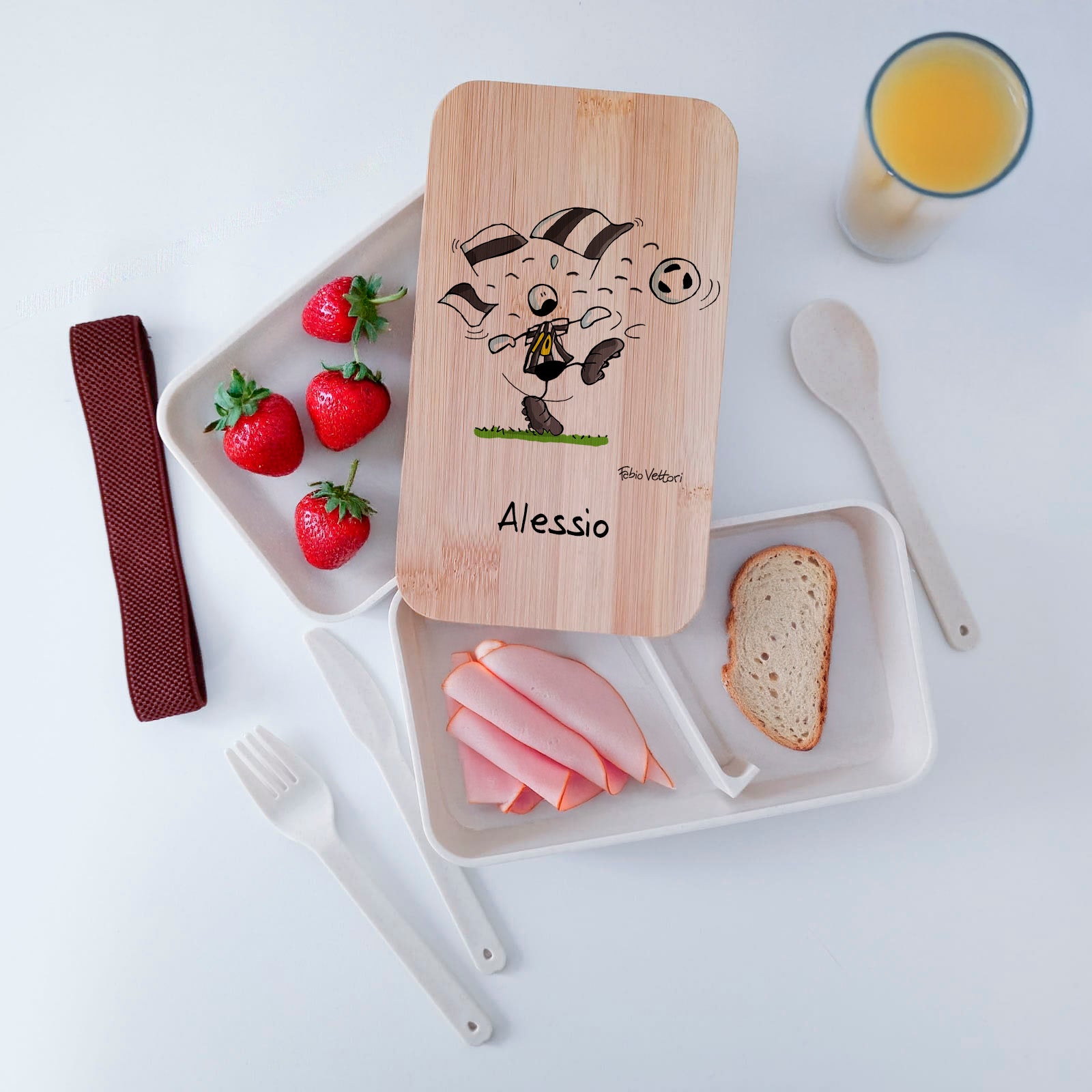 Scatola Porta Pranzo con coperchio in bambù e Posate Personalizzata soggetto "Bianconero"