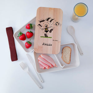 Scatola Porta Pranzo con coperchio in bambù e Posate Personalizzata soggetto "Bianconero"