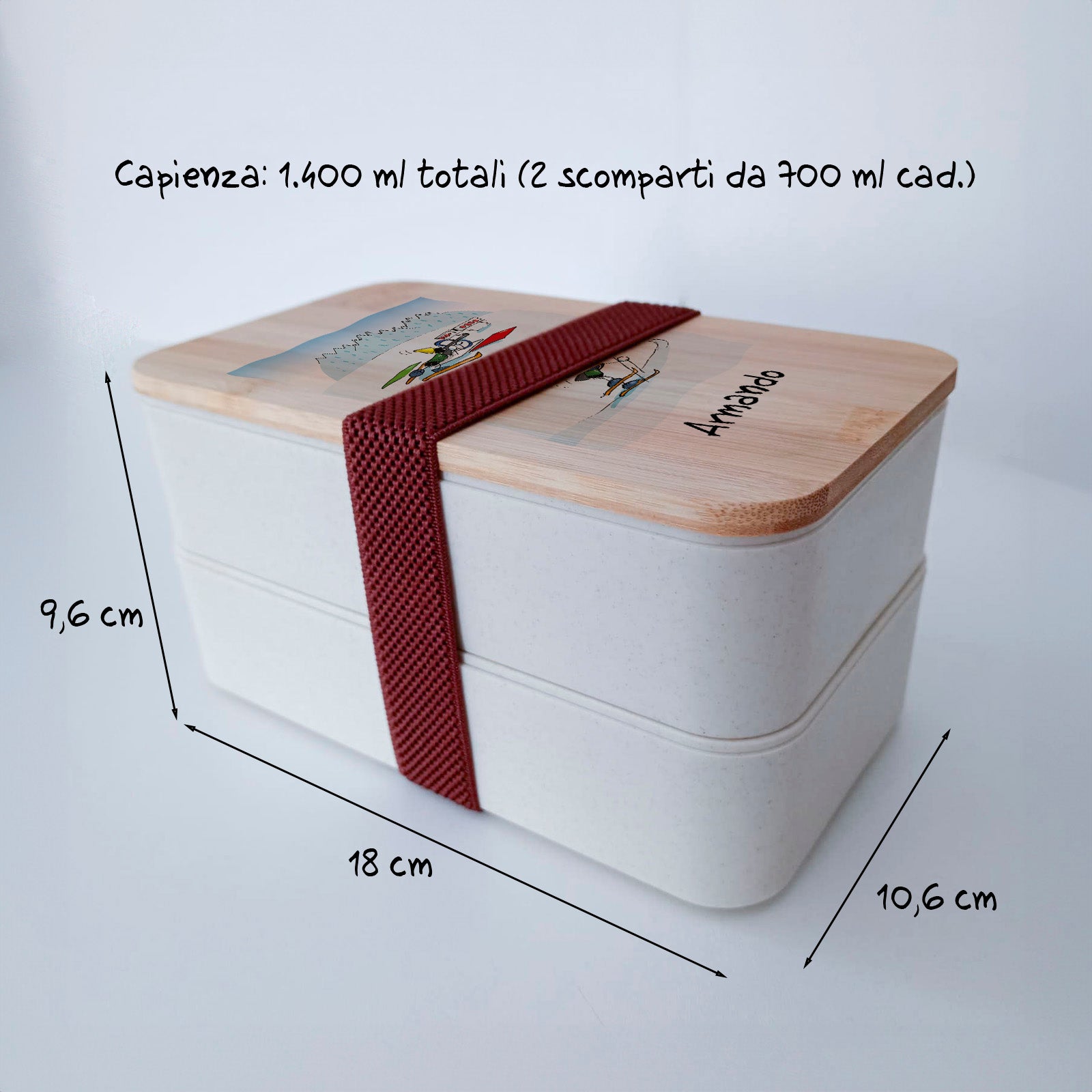 Scatola Porta Pranzo con coperchio in bambù e Posate Personalizzata soggetto "Biathlon"