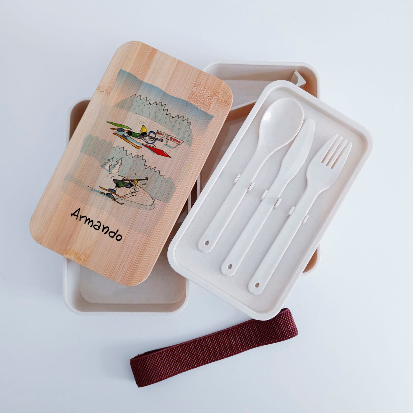 Scatola Porta Pranzo con coperchio in bambù e Posate Personalizzata soggetto "Biathlon"