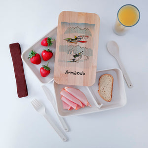 Scatola Porta Pranzo con coperchio in bambù e Posate Personalizzata soggetto "Biathlon"