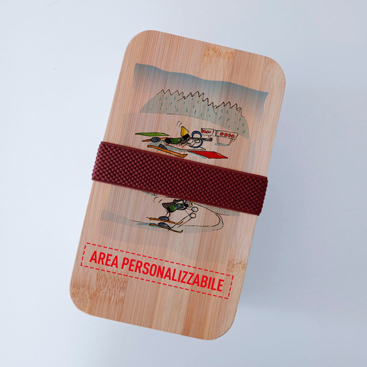Scatola Porta Pranzo con coperchio in bambù e Posate Personalizzata soggetto "Biathlon"