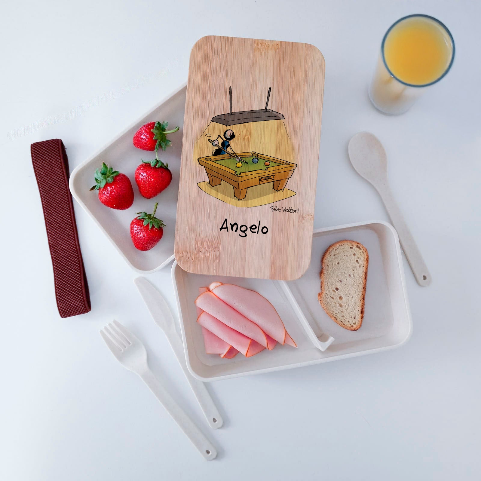 Scatola Porta Pranzo con coperchio in bambù e Posate Personalizzata soggetto "Biliardo"