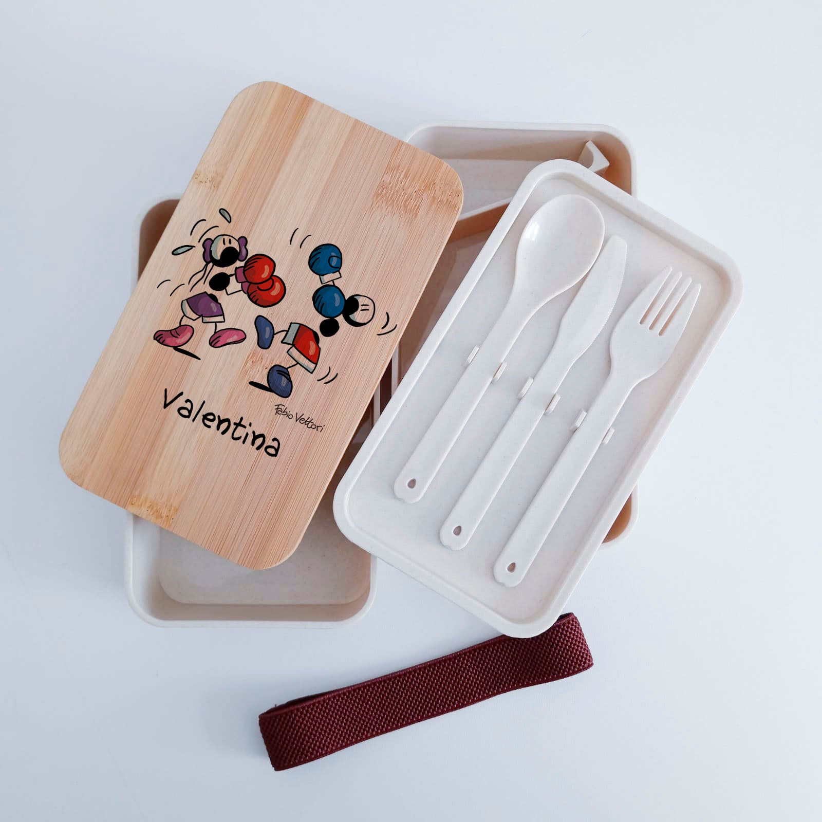 Scatola Porta Pranzo con coperchio in bambù e Posate Personalizzata soggetto "Boxe"