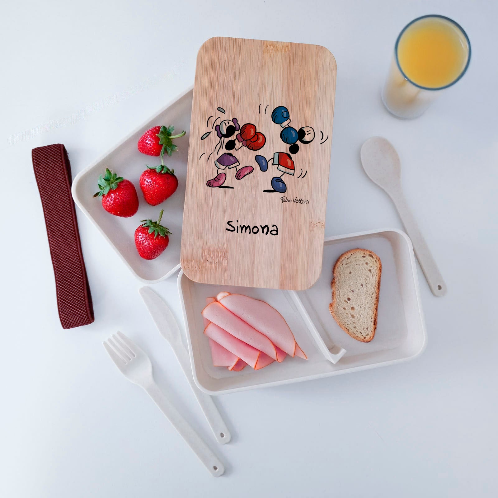 Scatola Porta Pranzo con coperchio in bambù e Posate Personalizzata soggetto "Boxe"