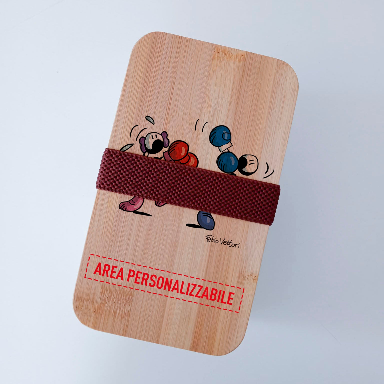 Scatola Porta Pranzo con coperchio in bambù e Posate Personalizzata soggetto "Boxe"