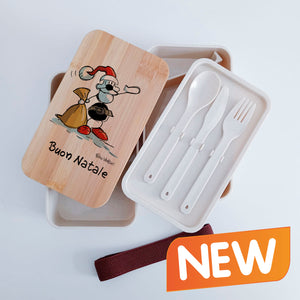 Scatola Porta Pranzo con coperchio in bambù e Posate Personalizzata soggetto "Buon Natale"
