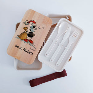 Scatola Porta Pranzo con coperchio in bambù e Posate Personalizzata soggetto "Buon Natale"
