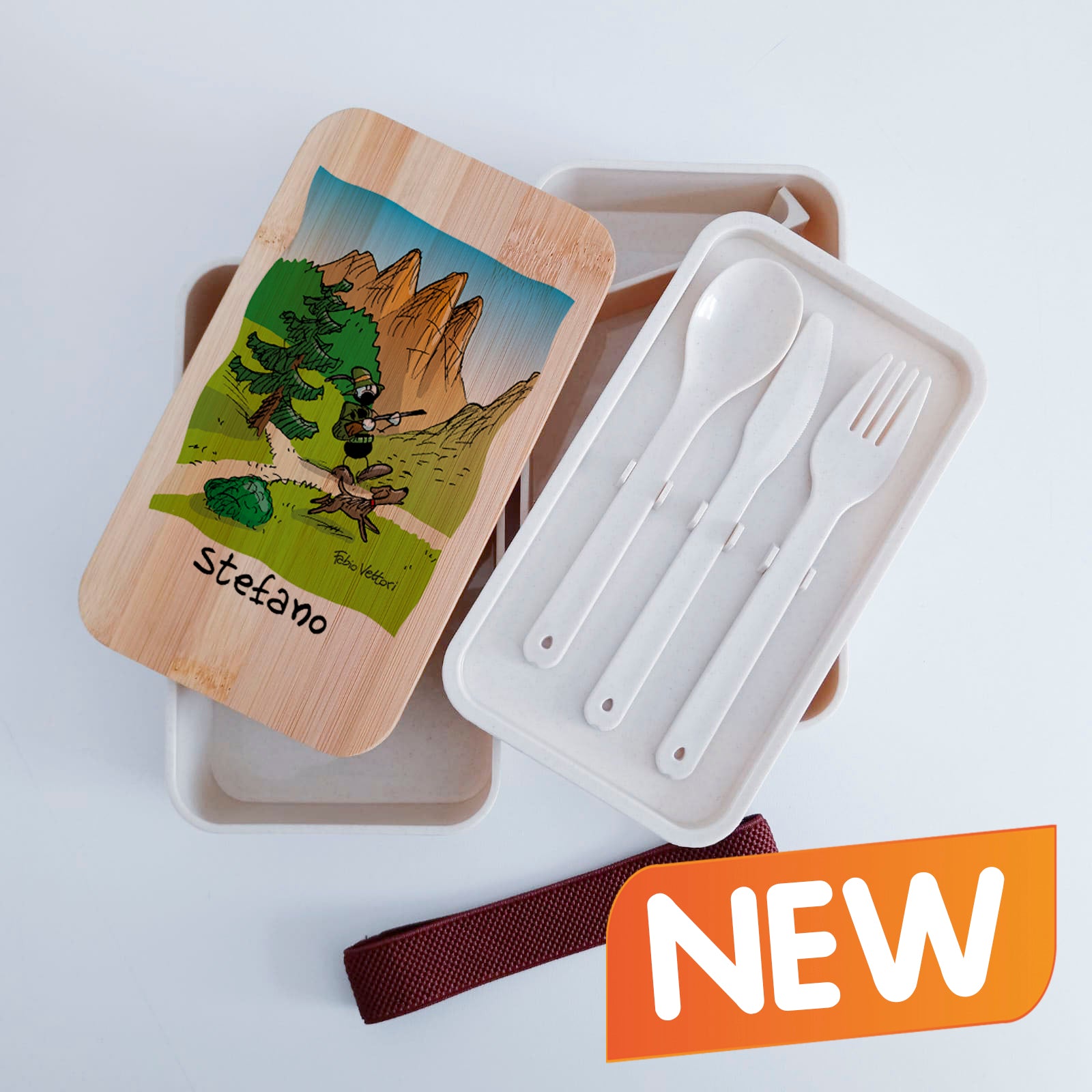 Scatola Porta Pranzo con coperchio in bambù e Posate Personalizzata soggetto "Cacciatore"