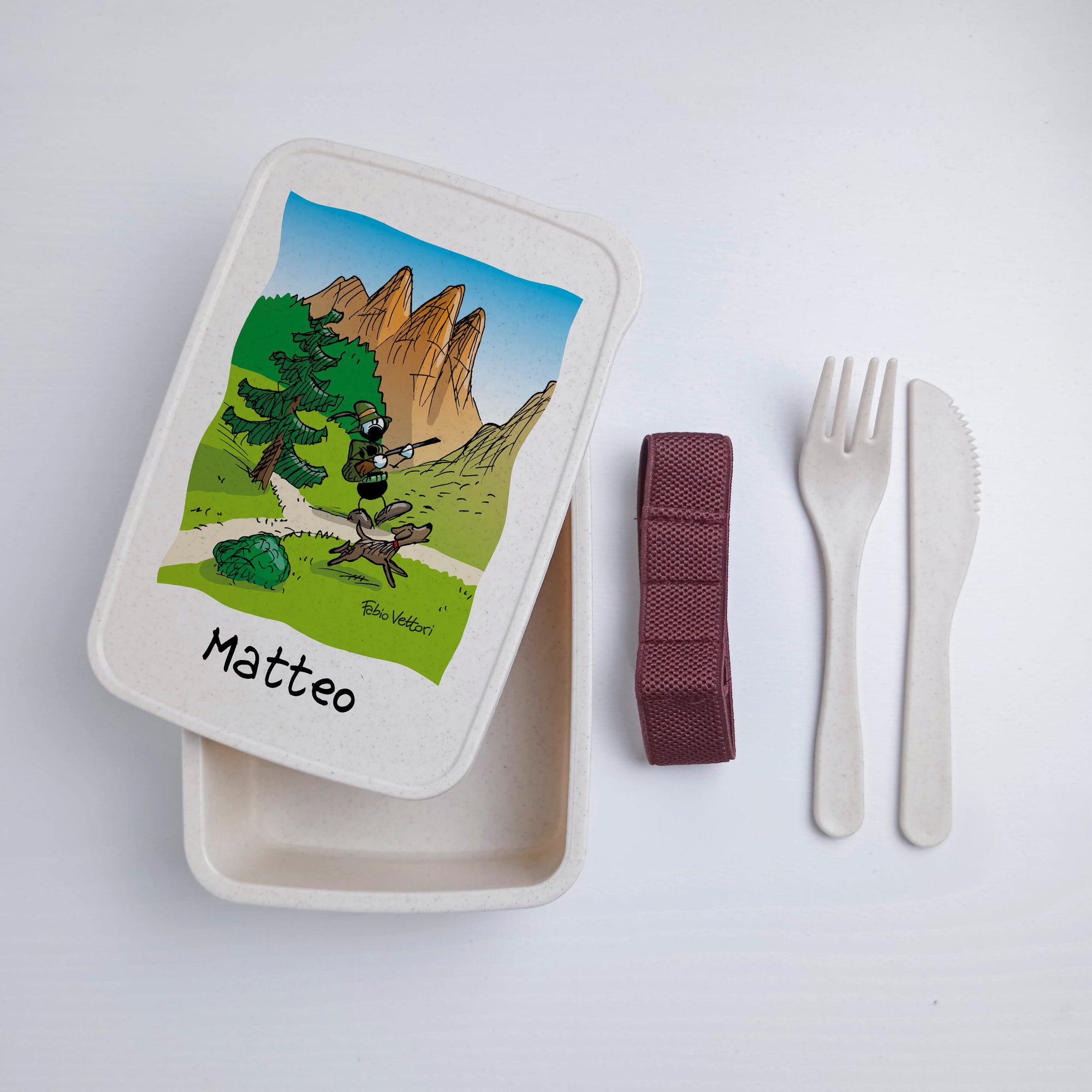 Scatola Porta Pranzo con Fascia Porta Posate Personalizzata soggetto "Cacciatore"