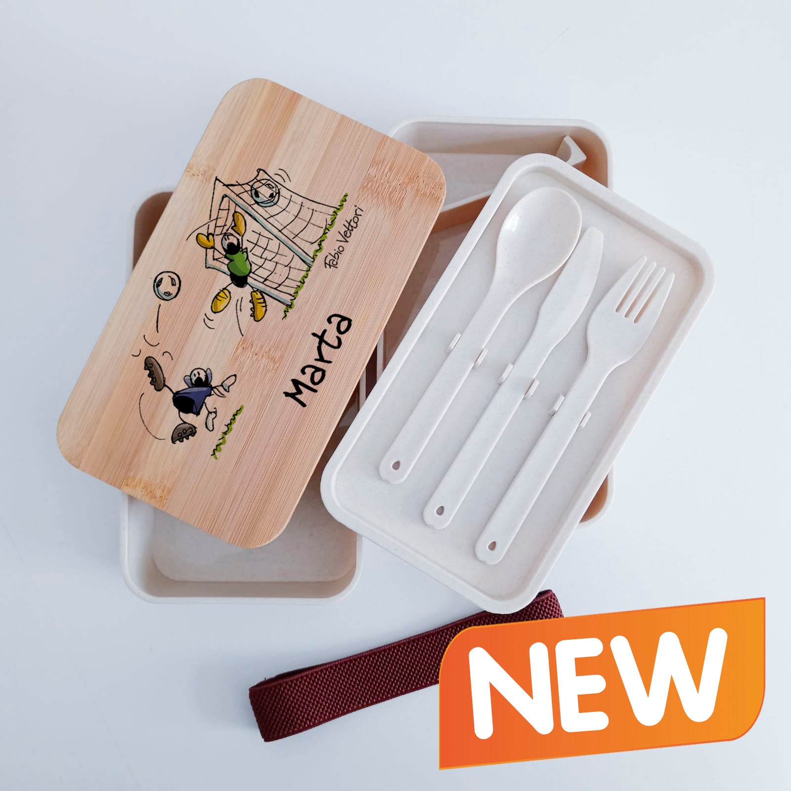 Scatola Porta Pranzo con coperchio in bambù e Posate Personalizzata soggetto "Calcio"
