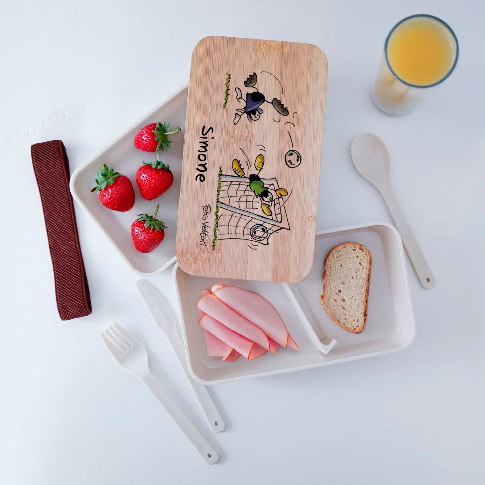 Scatola Porta Pranzo con coperchio in bambù e Posate Personalizzata soggetto "Calcio"