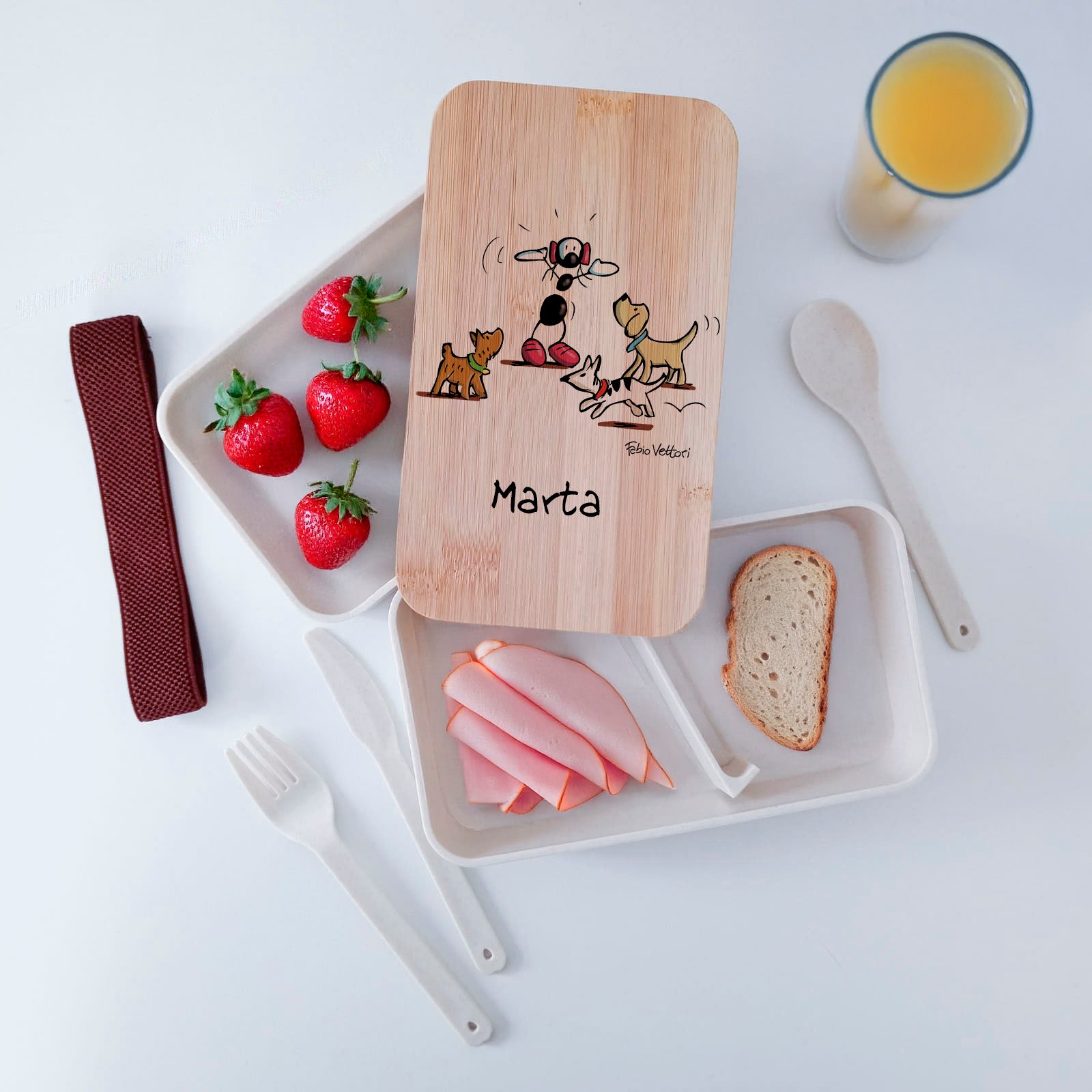 Scatola Porta Pranzo con coperchio in bambù e Posate Personalizzata soggetto "Cani"